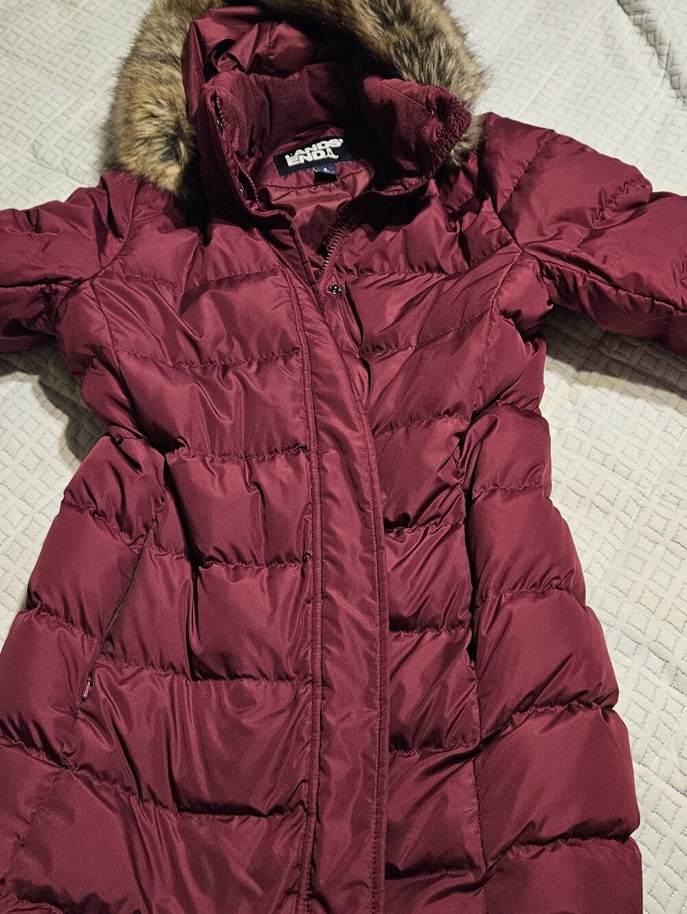 Lands' End Women's Wine Red Long Puffer Coat with Faux Fur Hood
